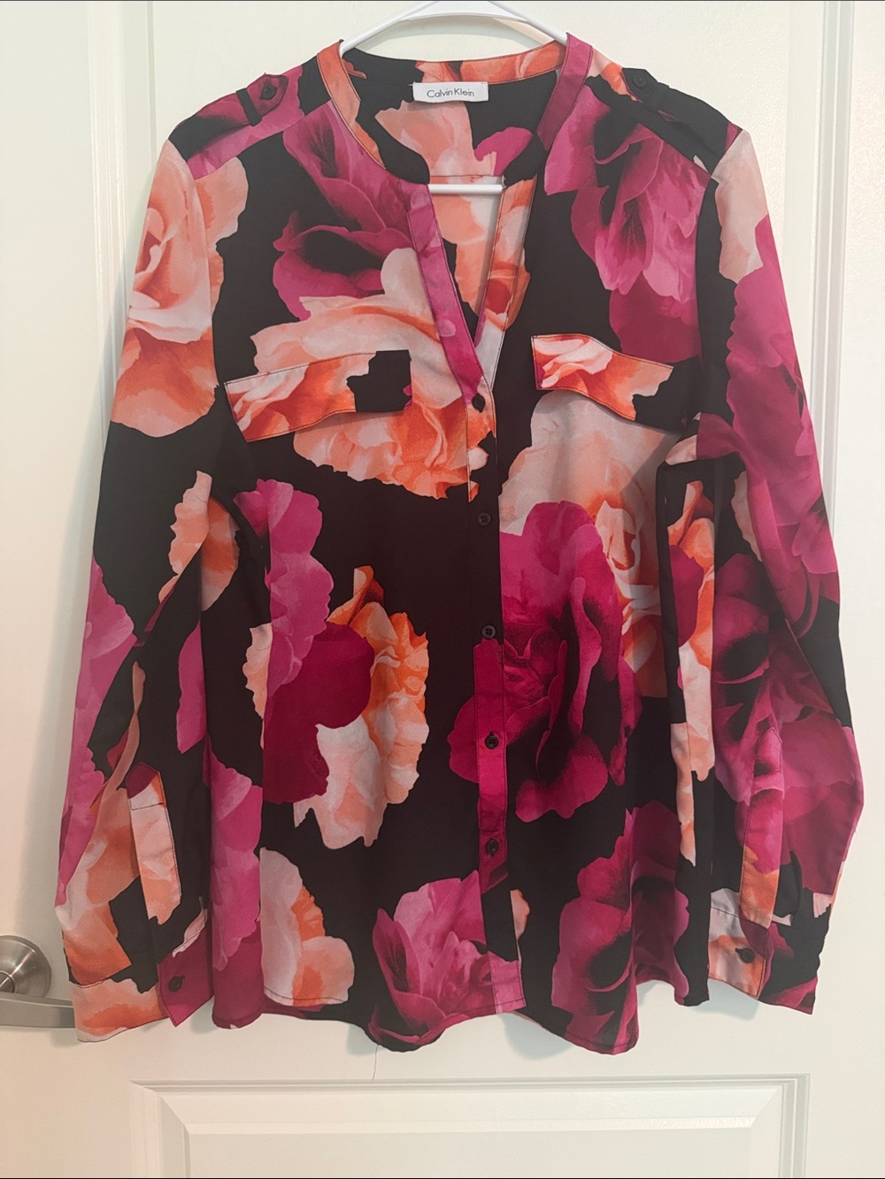 Calvin Klein Black Button-Down Blouse with Pink & Orange Floral Print